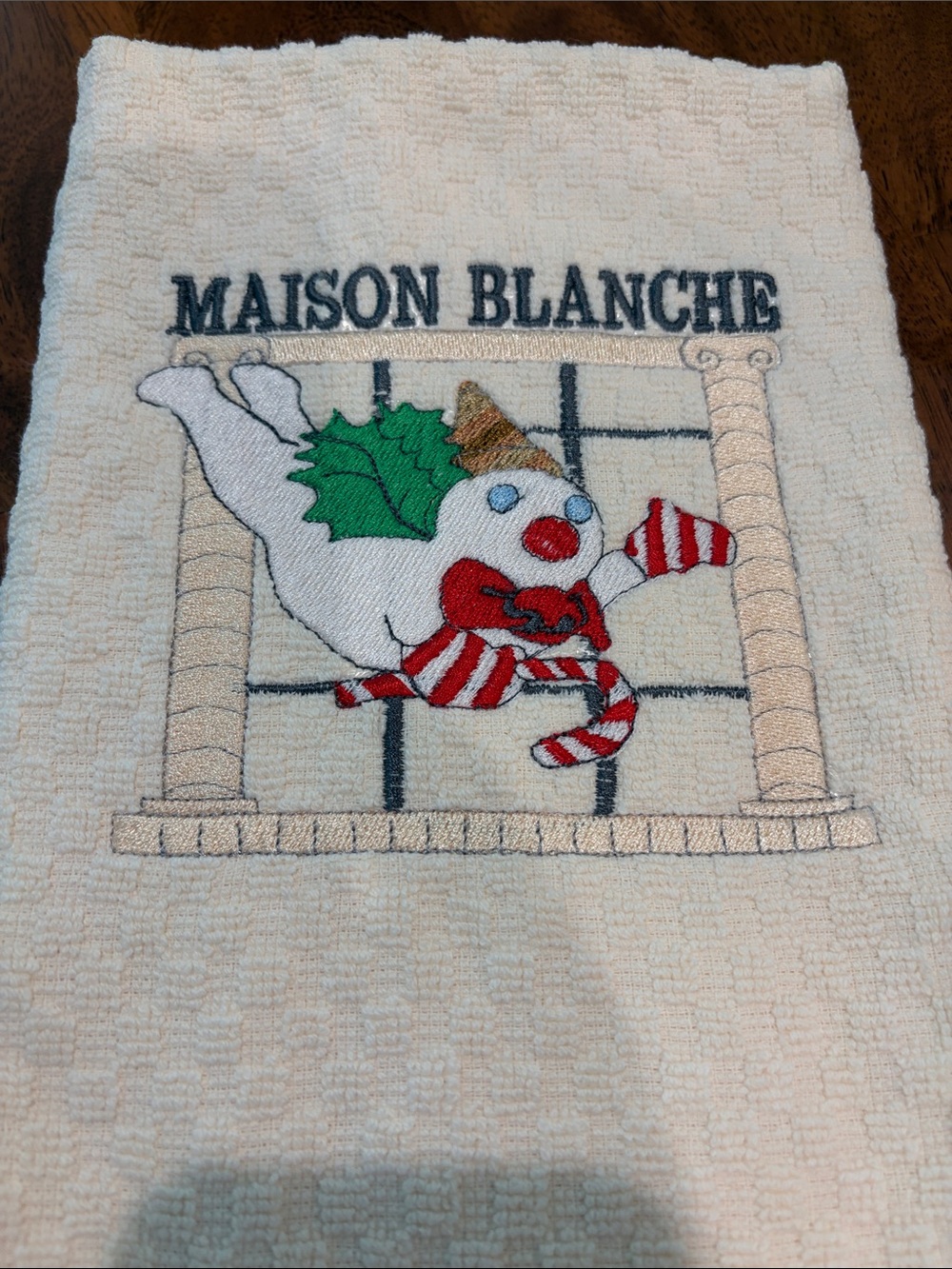 Festive Maison Blanche Cream Holiday Snowman Embroidered Kitchen Towel